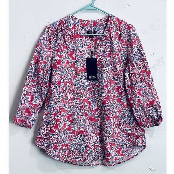Jones New York Tops - NWT Jones New York Pink Printed V Neck Blouse Size Medium M Elastic Cuff 3/4 Sl